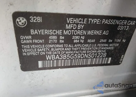 2013 BMW 328I xDrive из США, поврежденный, VIN WBA3B5G59DNS01228